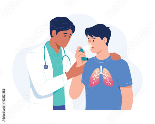 Medical vector illustration of a doctor helping a patient use an asthma inhaler.