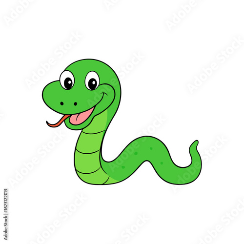 Cute green cartoon snake with a happy expression isolated on transparent background