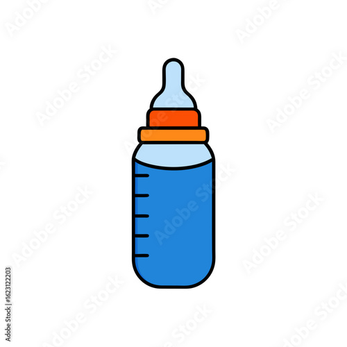 Baby bottle with blue liquid and orange rings isolated on transparent background