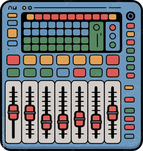 A colorful illustration of a sound mixer with sliders and buttons on a white background isolated on transparent background