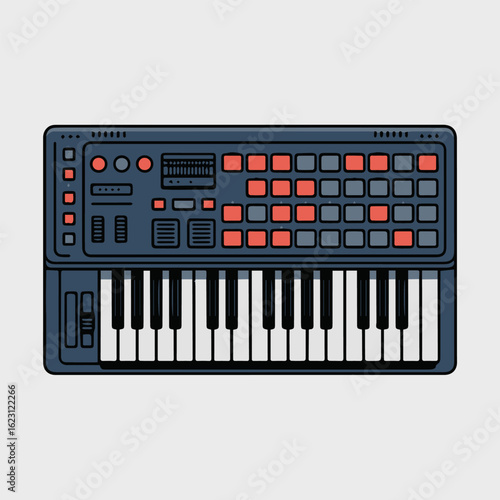 A stylized synthesizer with colorful square buttons and black and white keys on a white background on transparent background