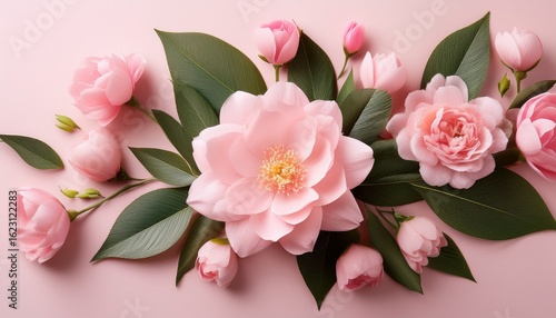 a delicate arrangement of soft pink flowers with green leaves capturing a serene and elegant beauty in a minimalist style