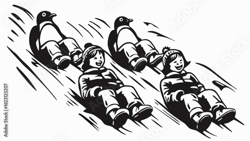 Illustration of two children and two penguins sledding down a snowy hill in black and white style silhouette