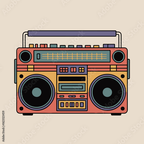A retro boombox with colorful accents and a handle on a light beige background in a graphic style
