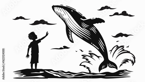 Silhouette of a boy reaching out to a breaching whale with clouds and ocean waves in the background