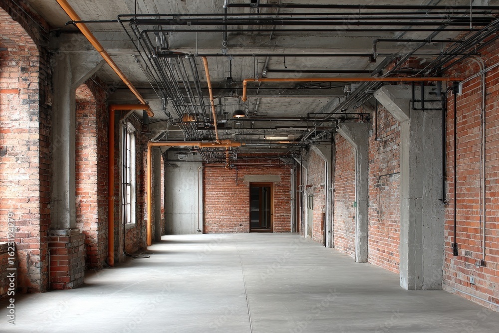 Empty Room with Brick Walls, Concrete Pillars, and Exposed Pipes Empty Room with Brick Walls, Concrete Pillars, and Exposed Pipes