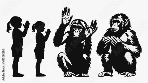Silhouette of two girls and two chimpanzees with raised hands on a white background illustration