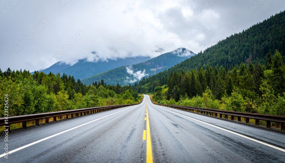 Fototapeta premium A serene road stretches through lush greenery and misty mountains, capturing a peaceful yet dramatic landscape under cloudy skies.