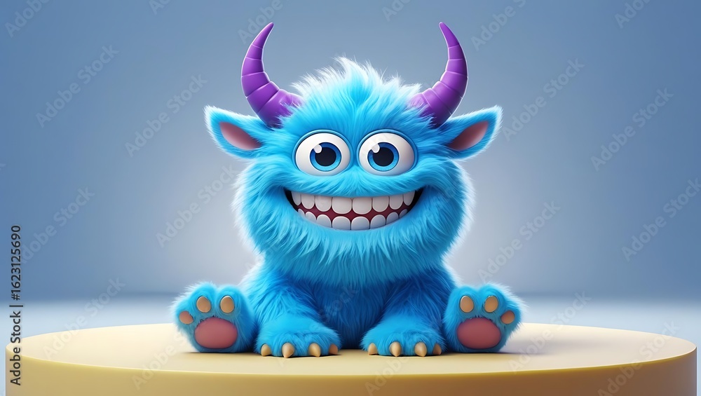 Fototapeta premium Fluffy blue monster with purple horns and big smile image
