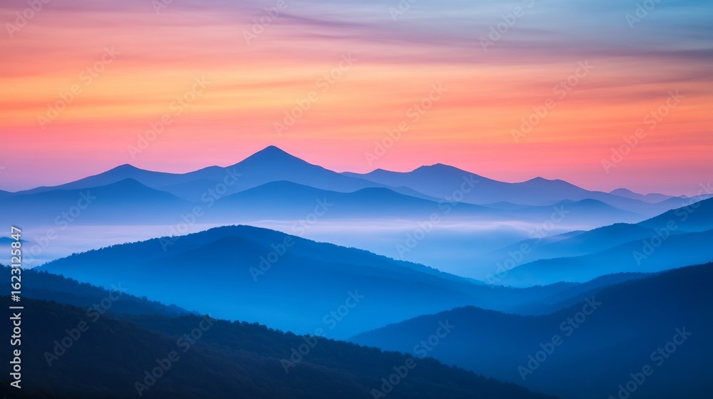 Obraz premium Serene Sunset Mountainscape Blue Hues and Pink Sky, Landscape Photography, Nature Scenery Landscape, Photography