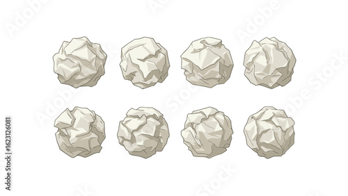 Eight crumpled paper balls on white background on transparent background