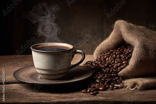 A steaming cup of coffee on a saucer beside a burlap sack spilling roasted coffee beans on a wooden surface.