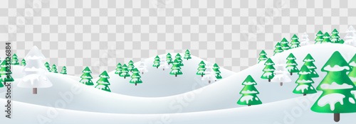 Winter vector landscape with snowdrifts and snowy fir trees. Snow landscape decoration, frozen hills isolated on png background. Vector snowbanks field. Christmas vector illustration