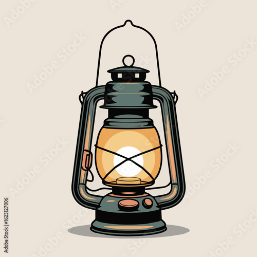 Illustration of a vintage style oil lantern with a glowing light on a neutral background on transparent background