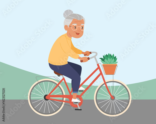 Active senior woman riding a bicycle with a plant in the basket. Flat vector illustration.