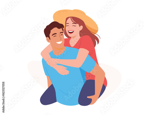A flat vector illustration of a happy young couple. A man gives a piggyback ride to a laughing woman.