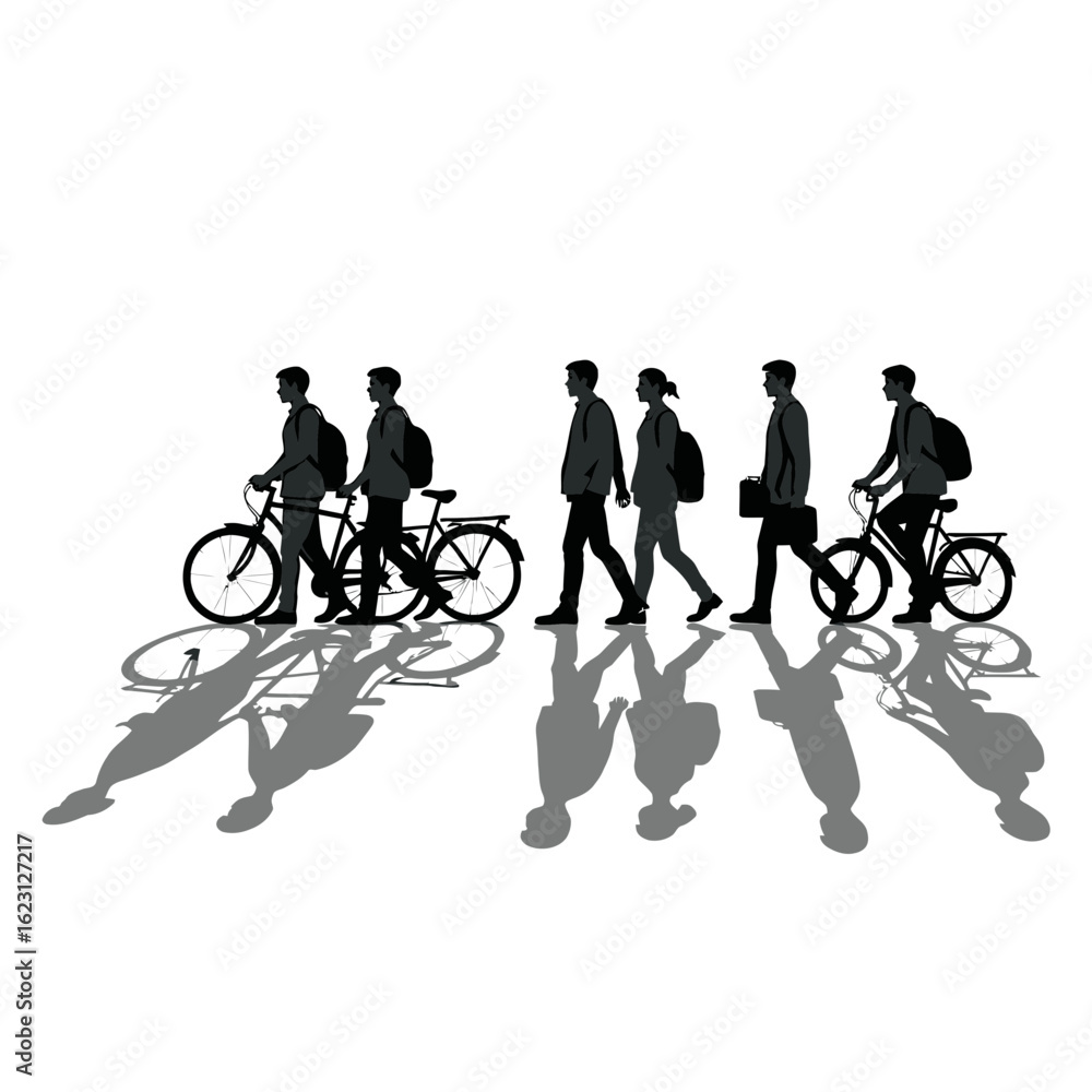 Obraz premium Pedestrians and cyclists commuting in silhouette vector art for urban lifestyle and city transportation scene on transparent background