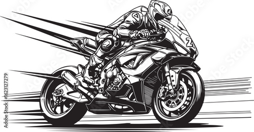 Black and white vector illustration of a fast motorbike racer