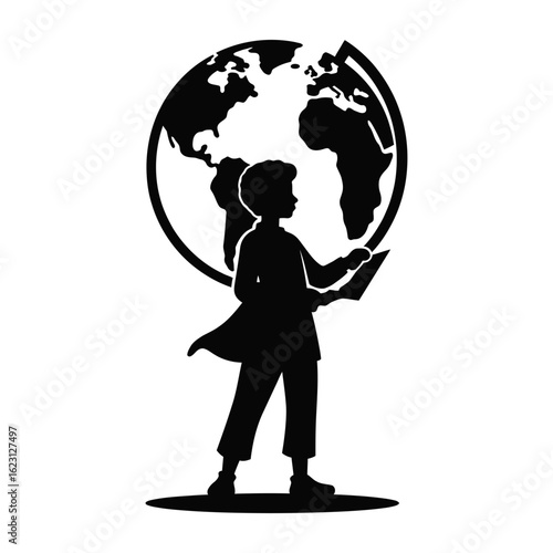 Silhouette of child exploring the world globe for education and global learning and international studies on transparent background