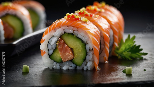 Tasty sushi rolls with fresh salmon and rice arranged on a dark background for an elegant presentation.