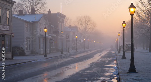 Fototapeta Naklejka Na Ścianę i Meble -  Small town street covered in ice and light snow, with vintage streetlights glowing through the morning fog