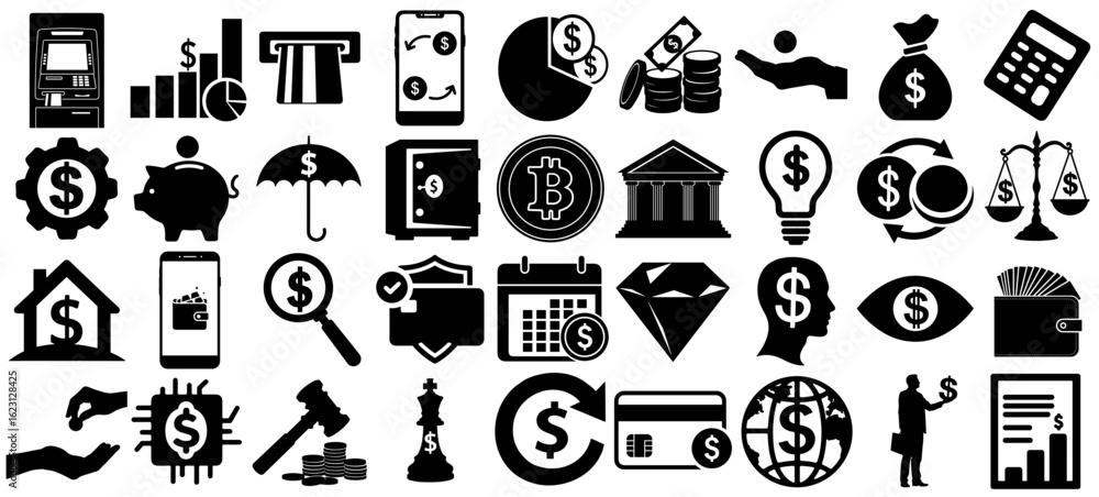 Money and finance black silhouette icon set, banking, savings, payments, cryptocurrency, and investment visuals Money and finance black silhouette icon set, banking, savings, payments, cryptocurrency, and investment visuals