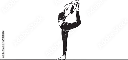 Black and white yoga illustration, woman in Natarajasana pose, vector art.