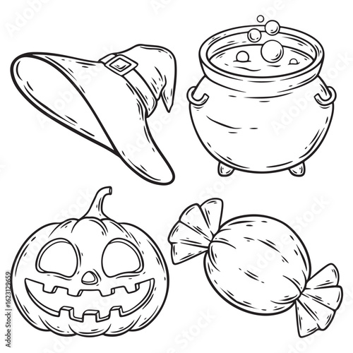 illustration art hand drawn black and white set of halloween sticker design