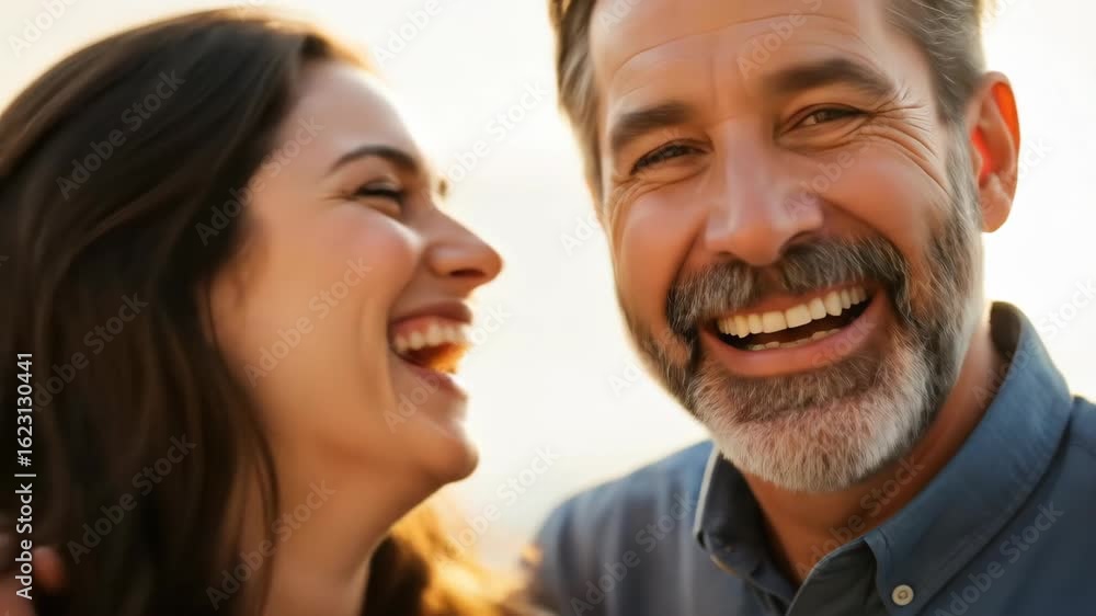 Happy Diverse Age Couple Smiling and Looking at Each Other, Sharing a Joyful Outdoor Moment Happy Diverse Age Couple Smiling and Looking at Each Other, Sharing a Joyful Outdoor Moment