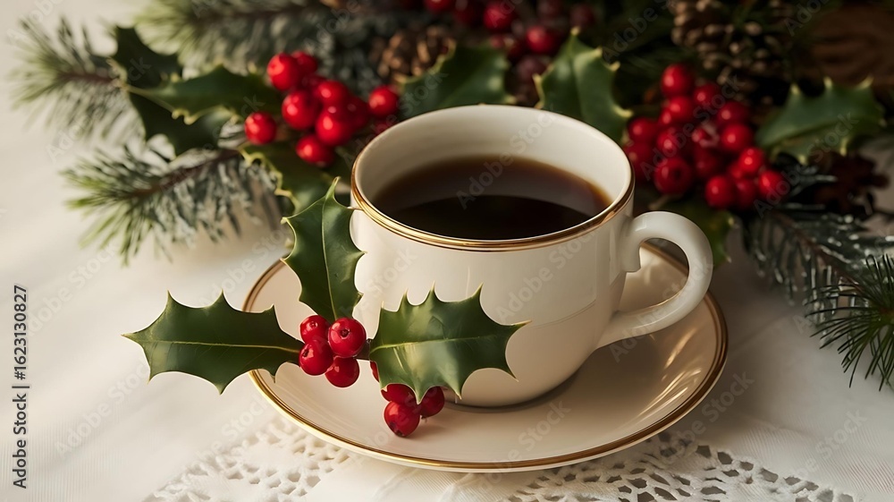 Fototapeta premium A Christmas composition with a cup of coffee and red berries on a Christmas tree branch. 