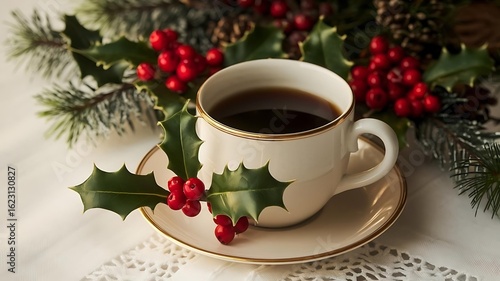 Wallpaper Mural A Christmas composition with a cup of coffee and red berries on a Christmas tree branch.	 Torontodigital.ca