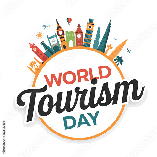 World tourism day celebration with iconic landmarks and global travel theme