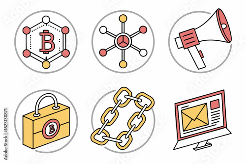 Set of icons representing bitcoin and blockchain technology concepts