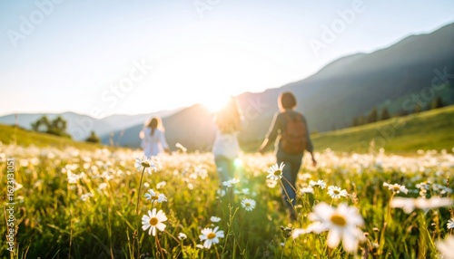 Three people walking through a sunlit meadow filled with daisies, surrounded by mountains and a clear blue sky.
