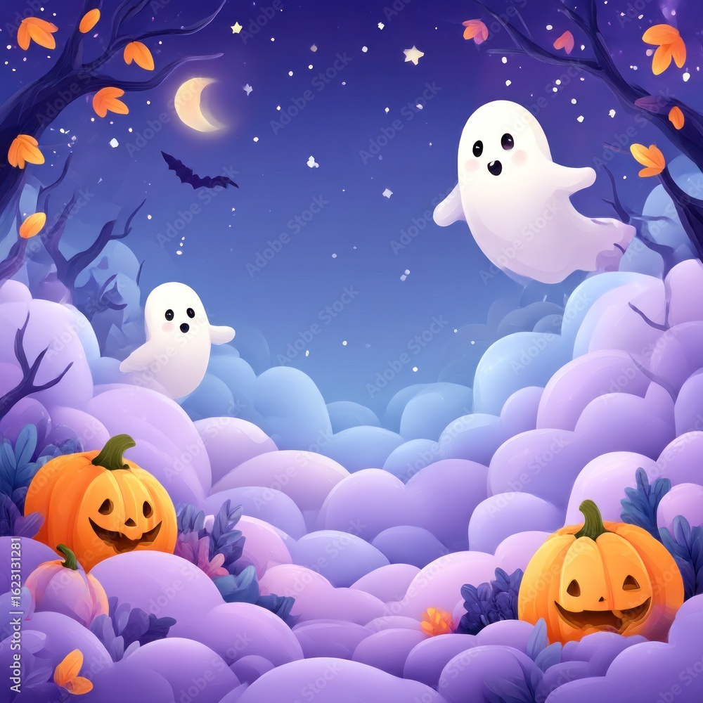 Fototapeta premium Cute ghosts in a spooky forest at night