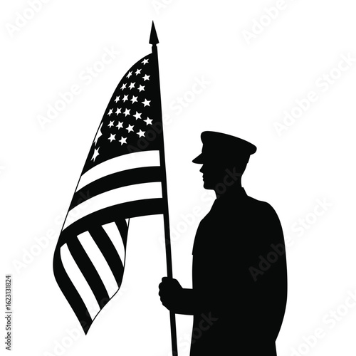 Silhouette of a soldier holding the american flag with pride and respect