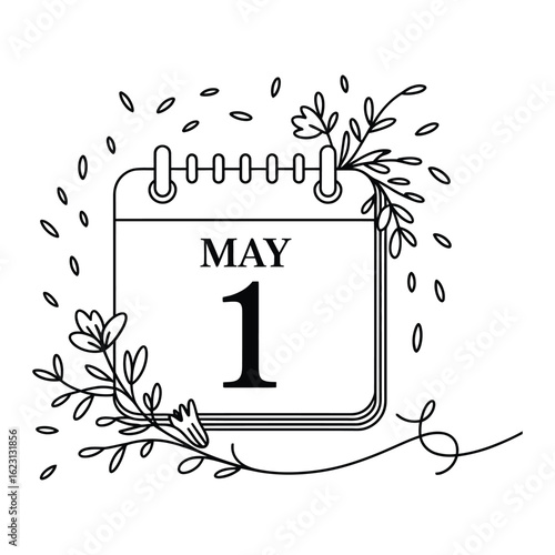 Hand drawn artistic calendar page showing may first decorated with blooming floral branches