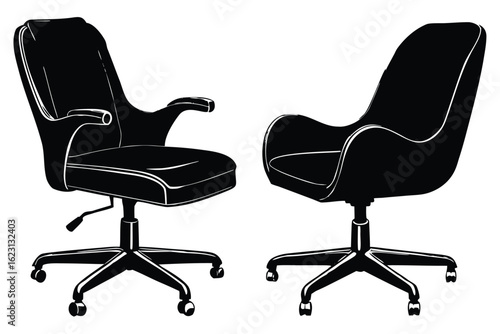 Two black office chairs with wheels on a white background