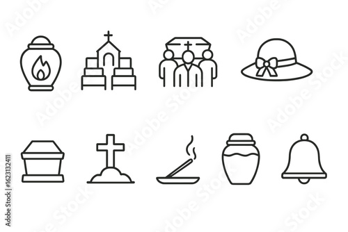 Funeral and memorial line icon set. church, cross, urn, and bell outline icons collection