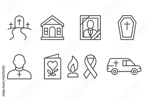 Funeral, memorial outline icon set. remembering, tribute symbols in line collection