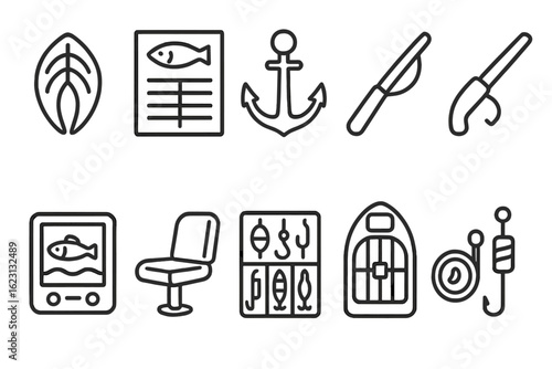 Fishing line icon set. nautical, angling, marine equipment symbols outline design