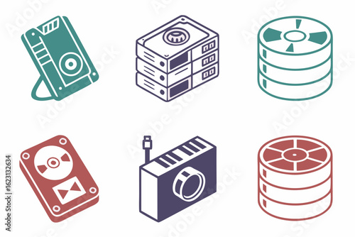 Collection of computer hard drive and disk storage devices icons