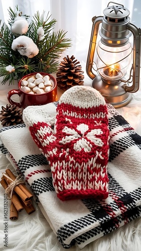 Illustration with elements of a winter holiday scene with a mitten, a wool blanket, a mug with marshmallows, a pine cone, an antique lantern, and cinnamon sticks tied with twine on a light background.