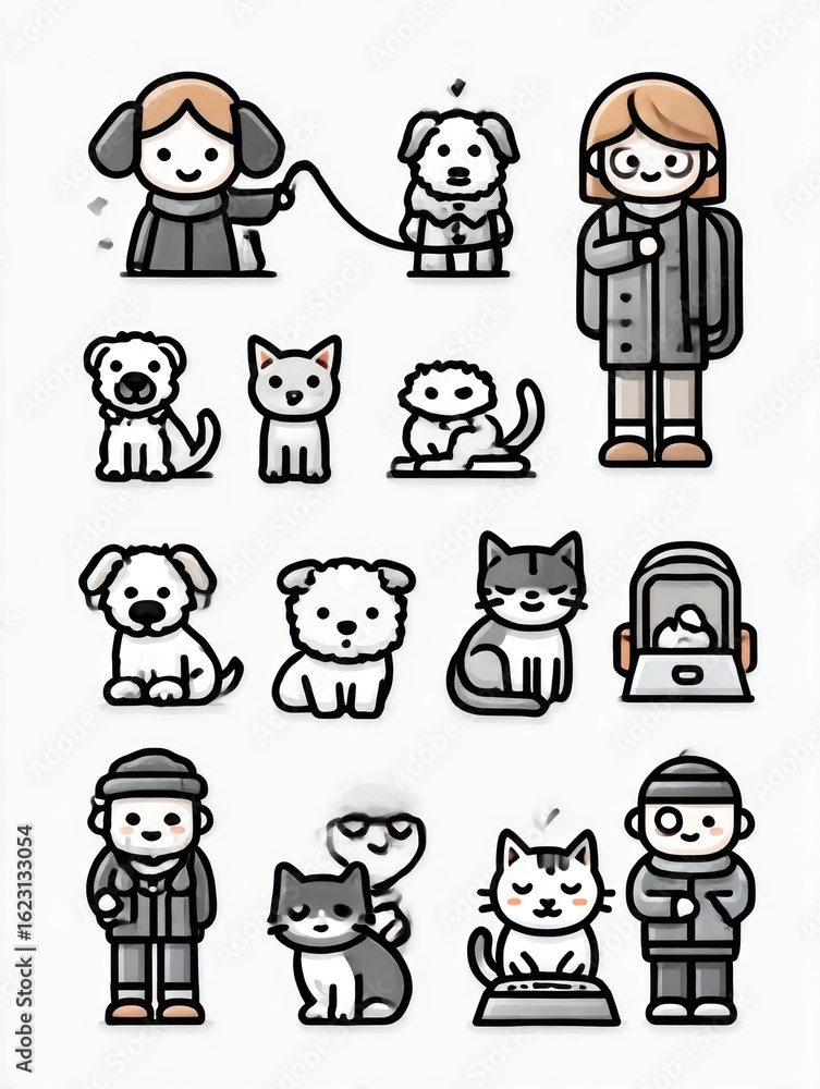 Cute cartoon animals and people in winter clothes Cute cartoon animals and people in winter clothes
