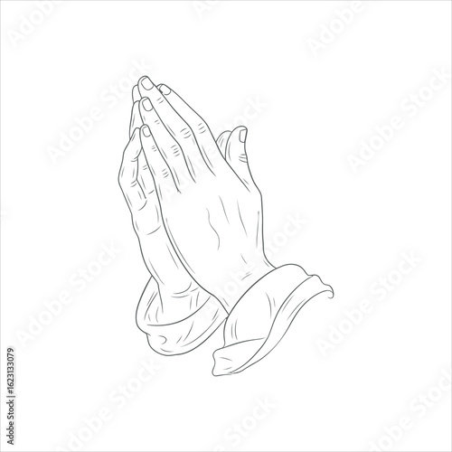 Line art illustration of praying hands clasped together on a white background prayer clasped hands