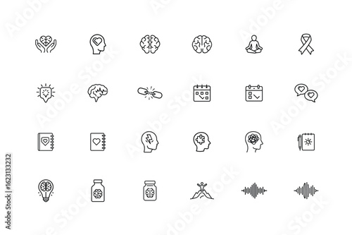 Collection simple line icons representing mental health well-being concepts brain