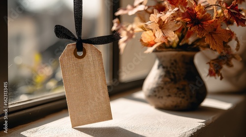 Square Brown Tag Mockup Featuring a Stylish Black Bow on a Beautiful Linen Texture Background Ideal for Elegant Presentations