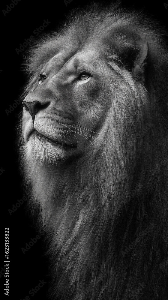 Fototapeta premium The powerful of lion looking up , black and white photo.