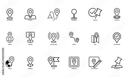 Location icon set. Location, push pin, map marker, geolocation, route, flag, location, GPS, address and more. Outline vector icons in linear style.