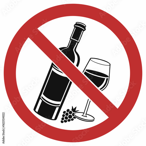 No alcohol sign with wine bottle, glass, and grapes in a red circle. Abstinence concept shows no drinking allowed, prohibition symbol against alcoholic beverages.